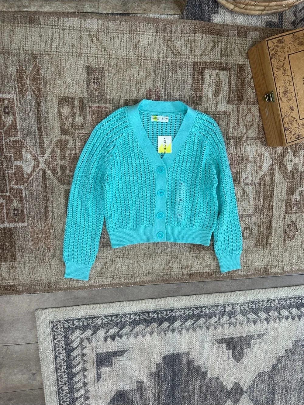 New Epic Threads Girls Cardigan Macys Exclusive V Neck Turquoise Button Sm 7/8